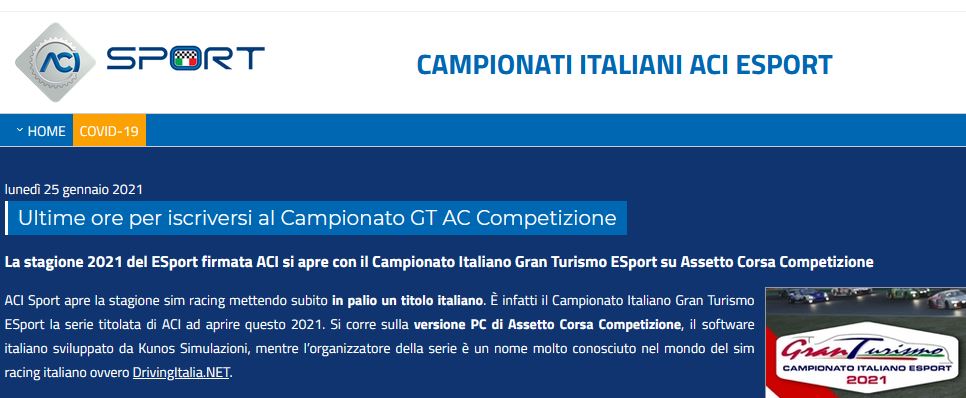 More information about "Ultime ore per iscriversi al Campionato Italiano GT ACI ESport con Assetto Corsa Competizione"